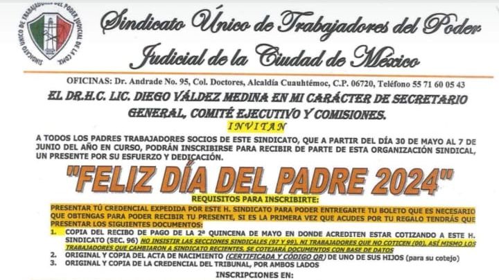 Trabajadores del Poder Judicial CDMX, Reciben Presentes por Día del Padre: SUTPJ-CDMX
