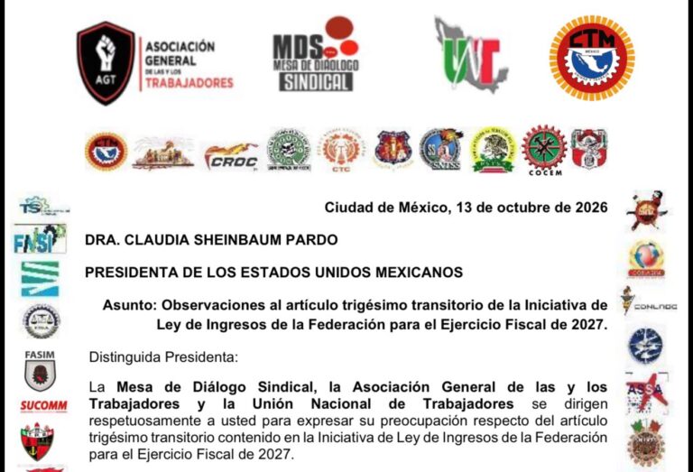 Revisar Iniciativa de Ley de Ingresos 2027, Pide el Movimiento Obrero del País a la Presidenta de México